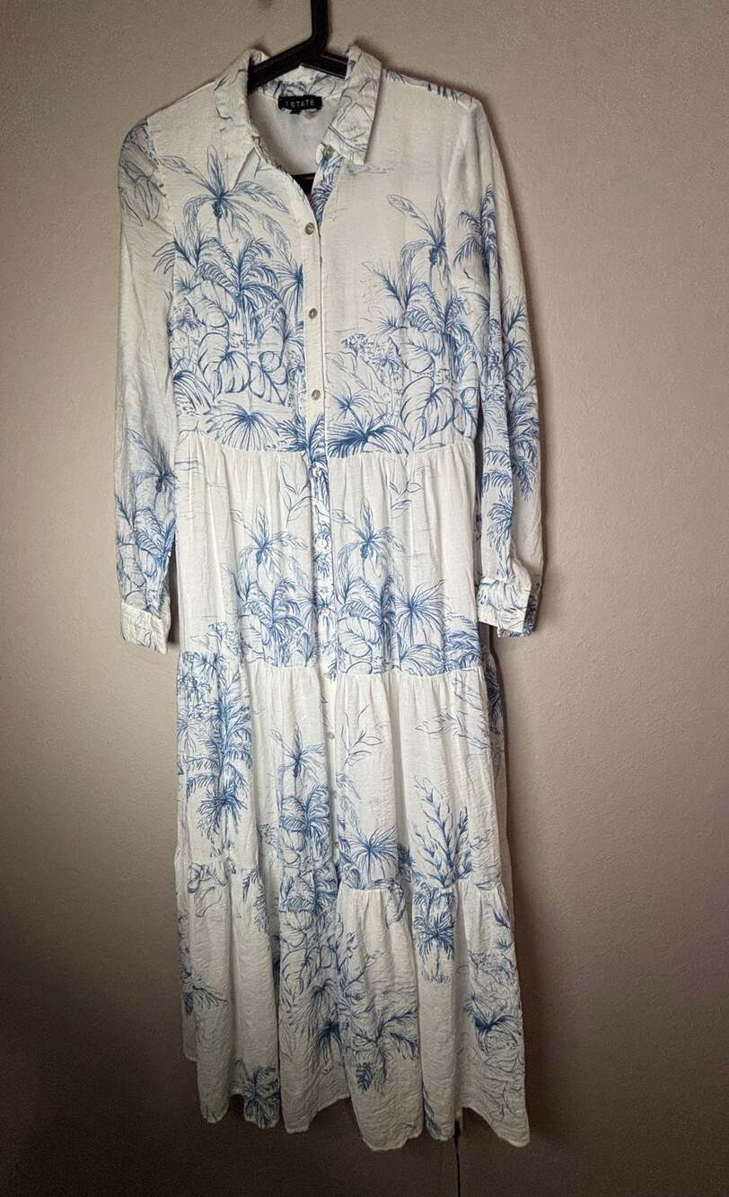 1.STATE Blue and White Tropical Toile Print Tiered Maxi Shirt Dress Sz XS